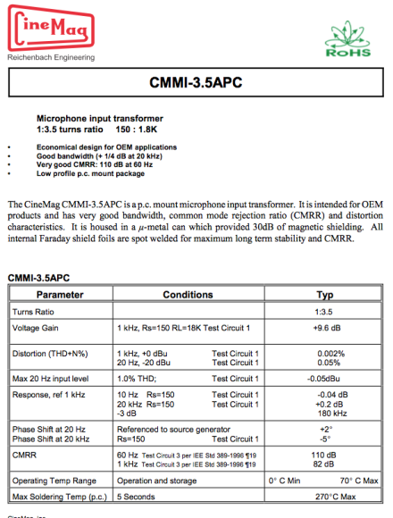 Cinemag CMMI-3.5APC high quality substitute MICROPHONEINPUT TRANSFORMER - Image 3